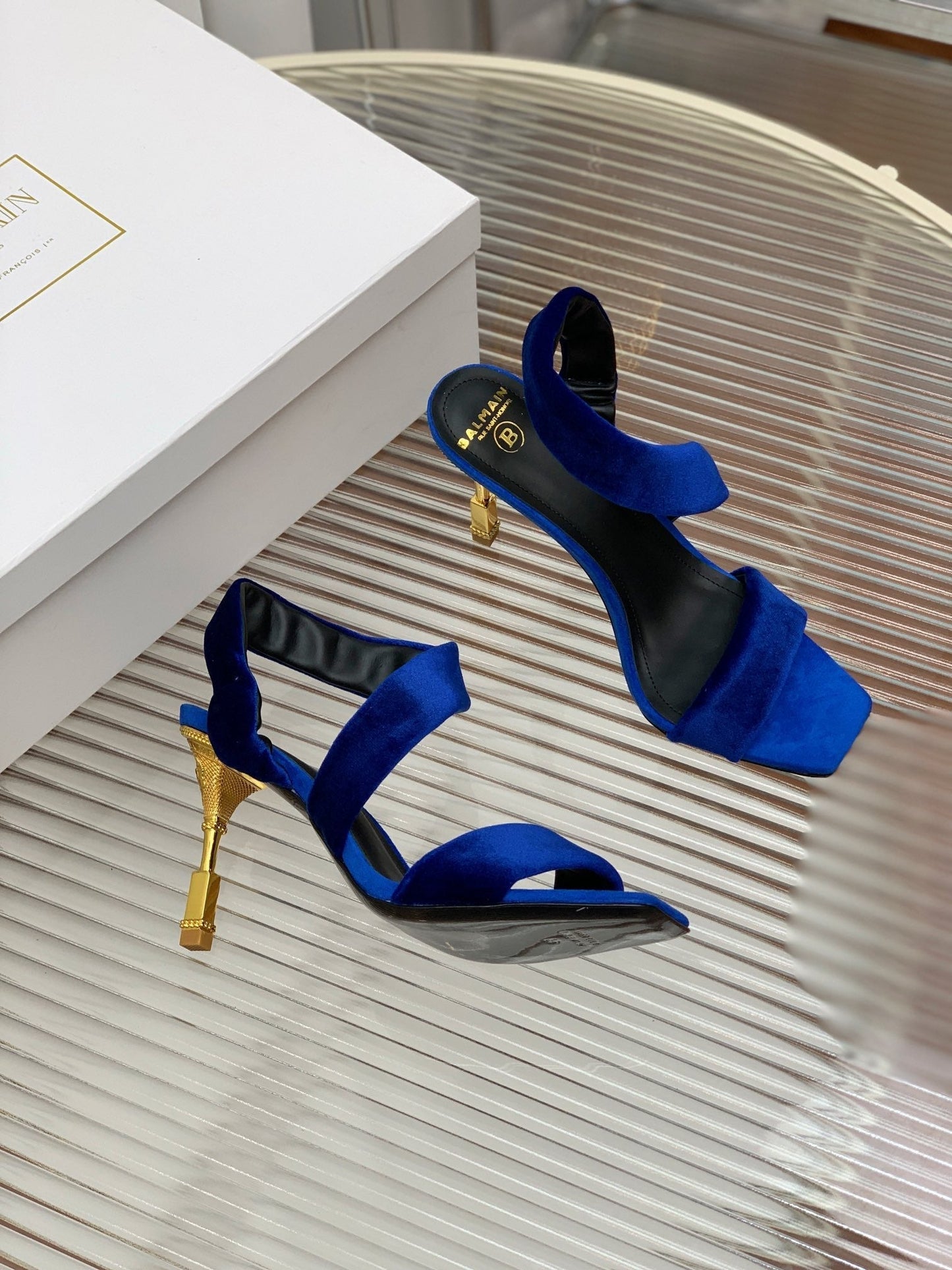 BALMAIN 25S MONETA HEELED SANDALS 95MM IN DARK BLUE VELVET - 35