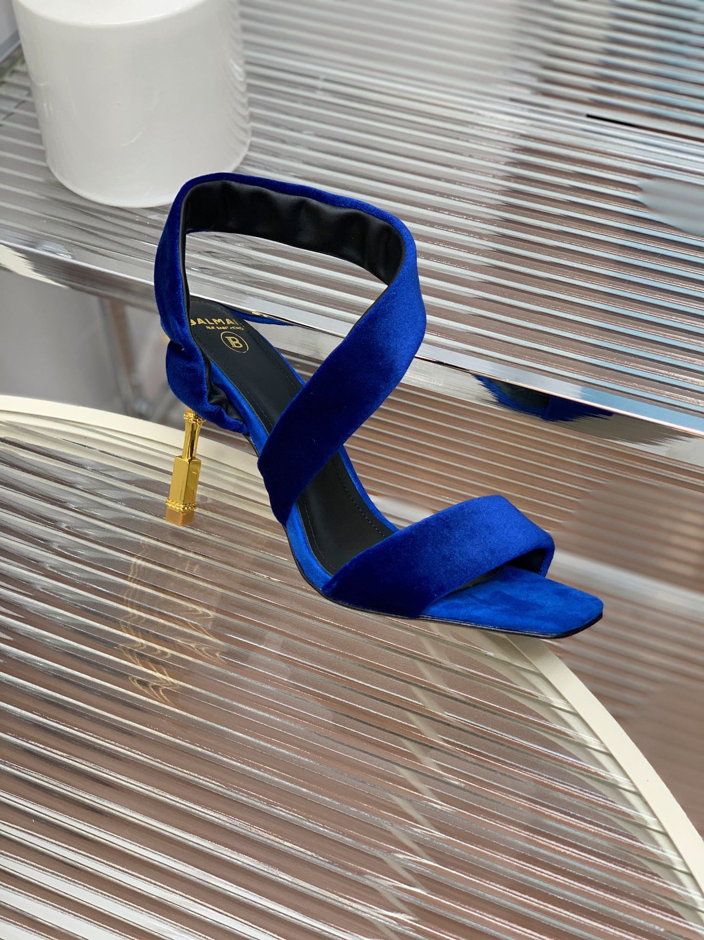 BALMAIN 25S MONETA HEELED SANDALS 95MM IN DARK BLUE VELVET - 35
