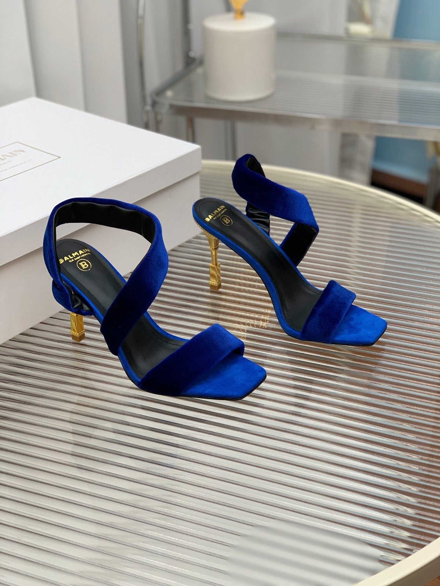 BALMAIN 25S MONETA HEELED SANDALS 95MM IN DARK BLUE VELVET - 35