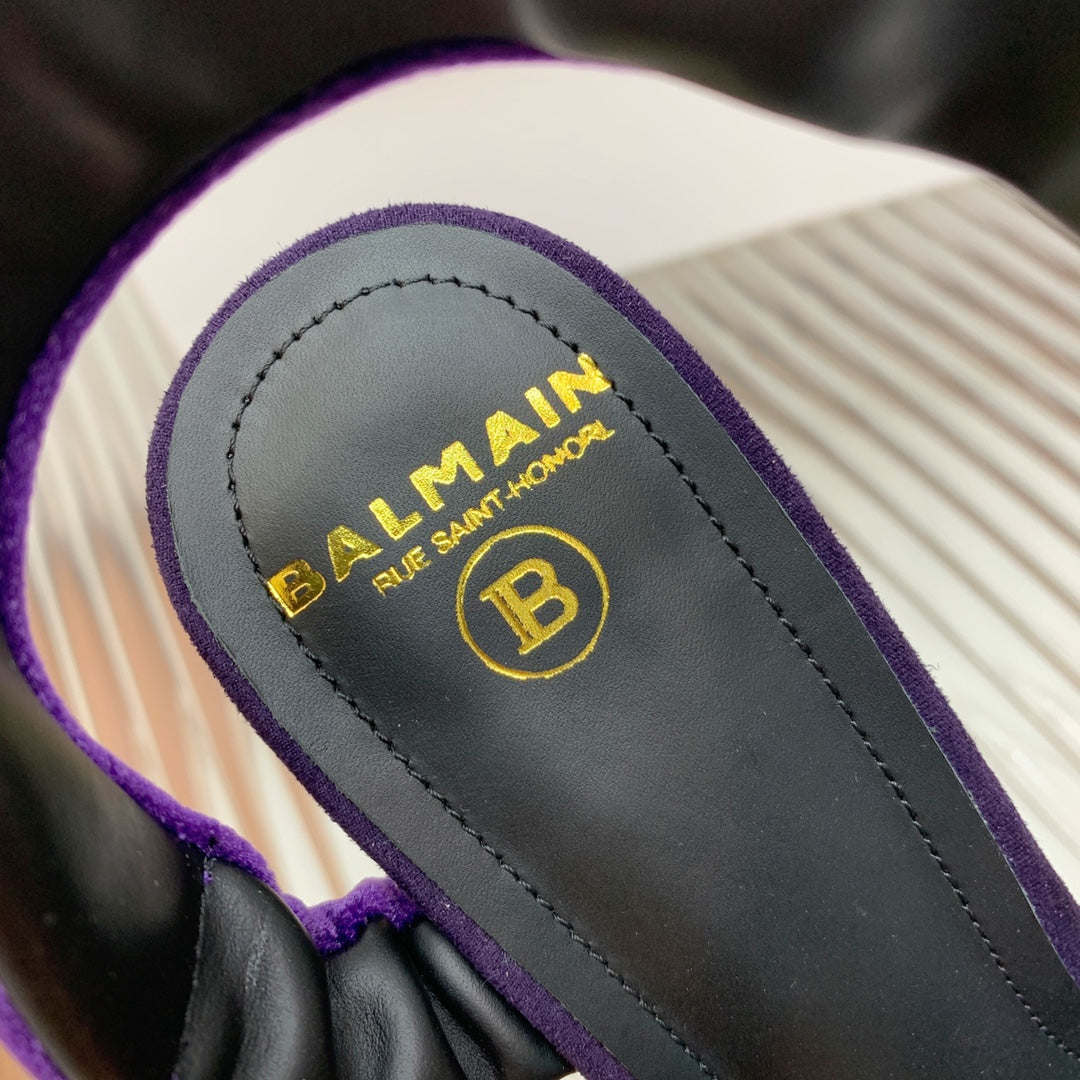 BALMAIN 25S MONETA HEELED SANDALS 95MM IN DEEP PURPLE VELVET - 35