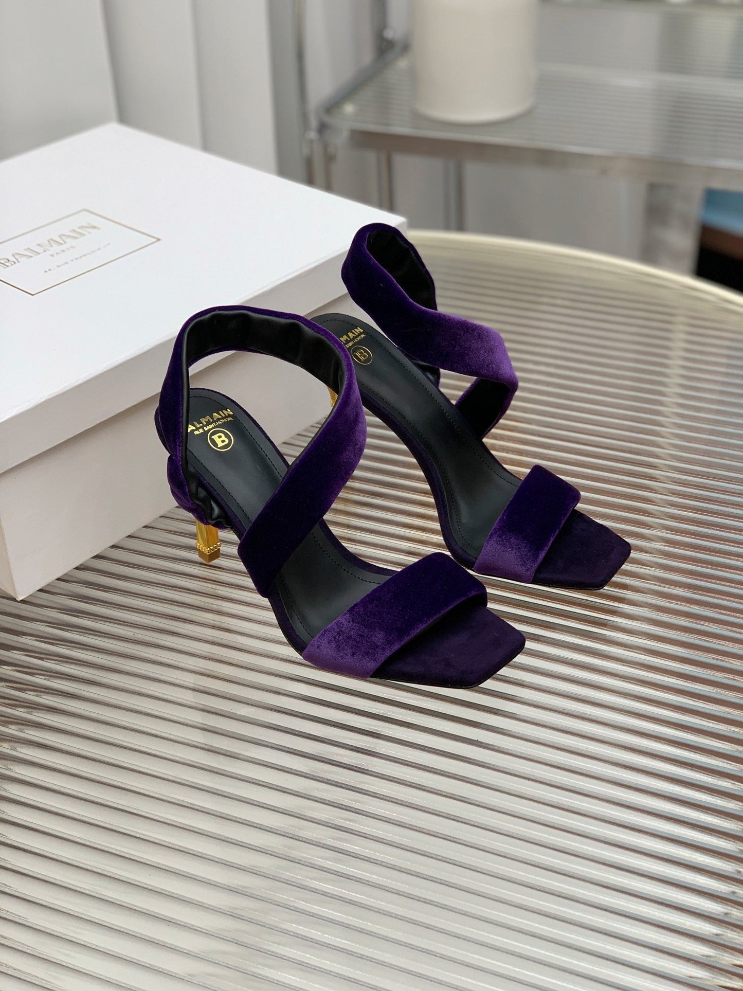 BALMAIN 25S MONETA HEELED SANDALS 95MM IN DEEP PURPLE VELVET - 35