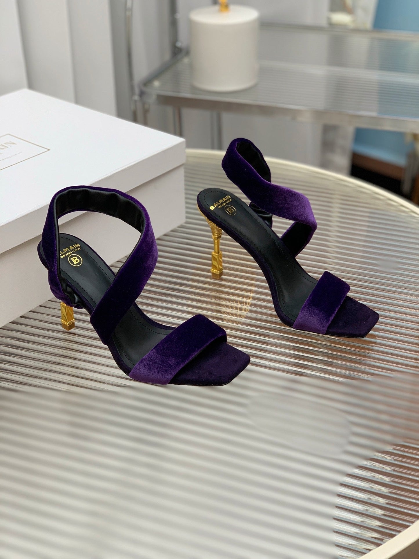BALMAIN 25S MONETA HEELED SANDALS 95MM IN DEEP PURPLE VELVET - 35