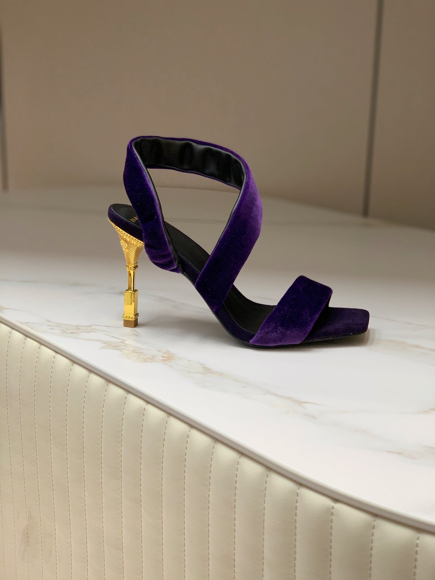 BALMAIN 25S MONETA HEELED SANDALS 95MM IN DEEP PURPLE VELVET - 35