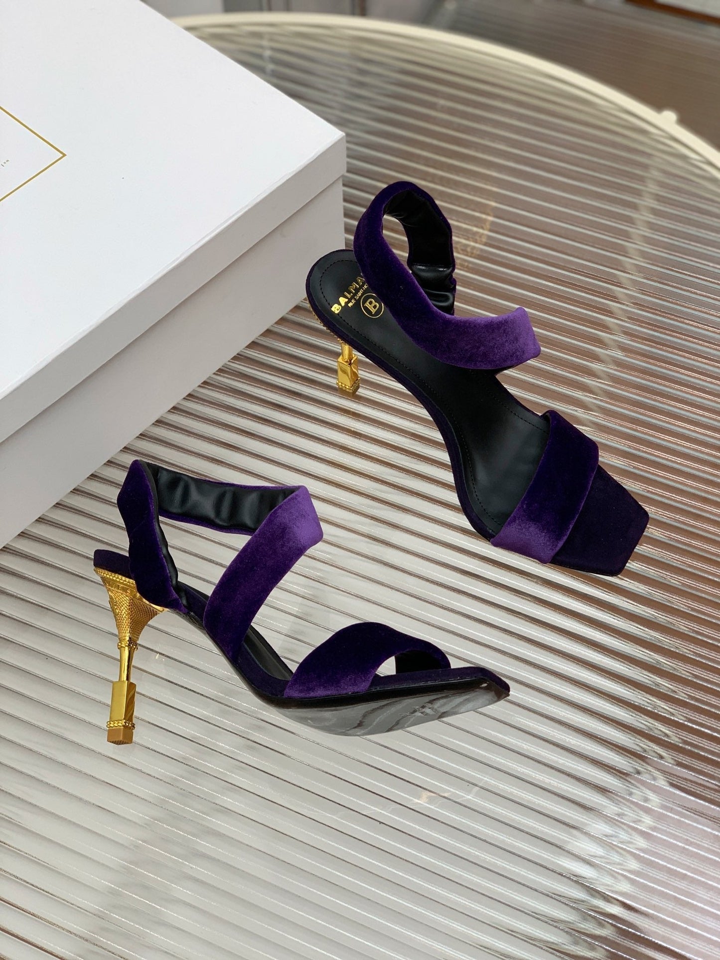BALMAIN 25S MONETA HEELED SANDALS 95MM IN DEEP PURPLE VELVET - 35