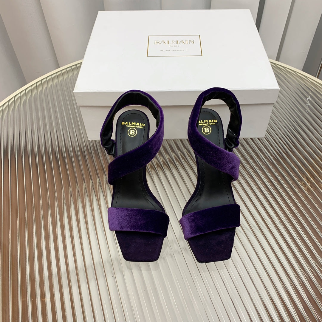 BALMAIN 25S MONETA HEELED SANDALS 95MM IN DEEP PURPLE VELVET - 35