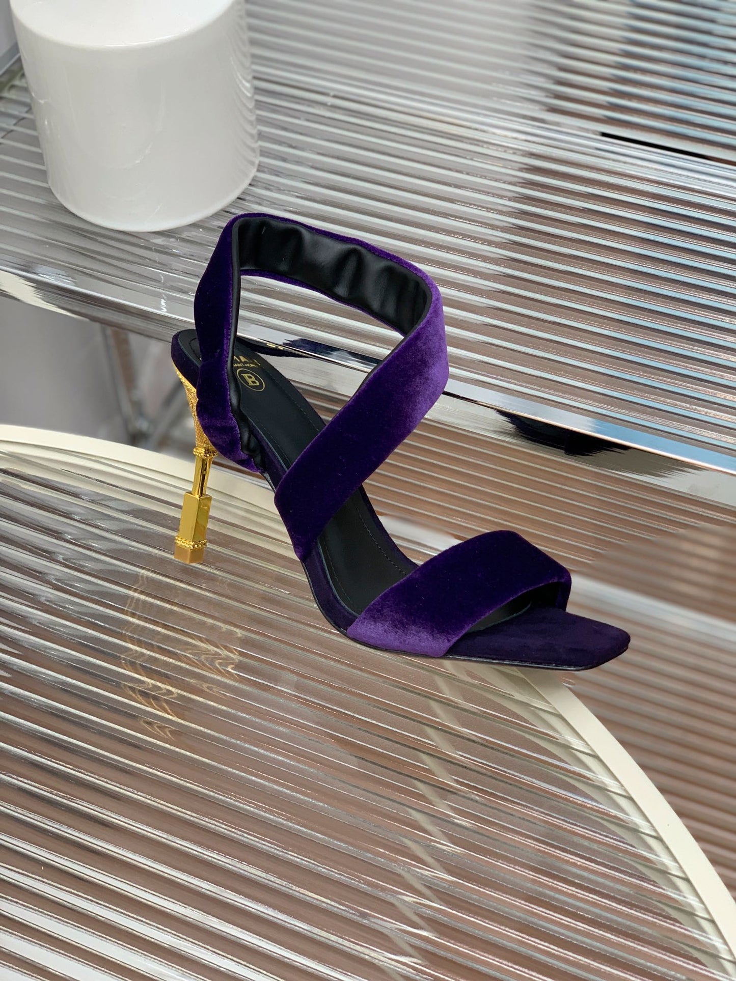 BALMAIN 25S MONETA HEELED SANDALS 95MM IN DEEP PURPLE VELVET - 35