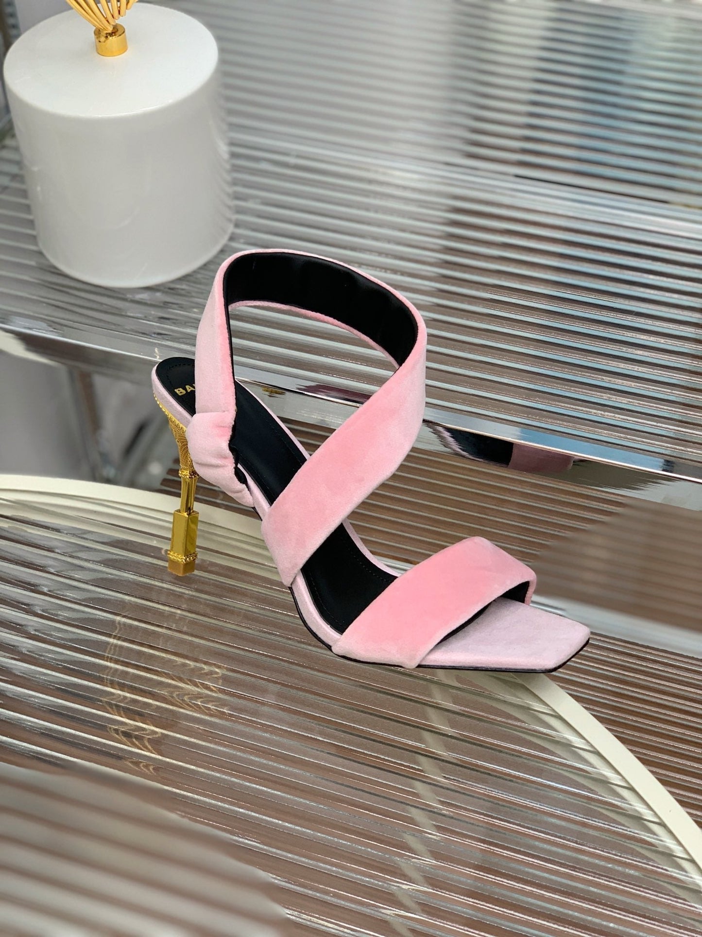 BALMAIN 25S MONETA HEELED SANDALS 95MM IN BABY PINK VELVET - 35