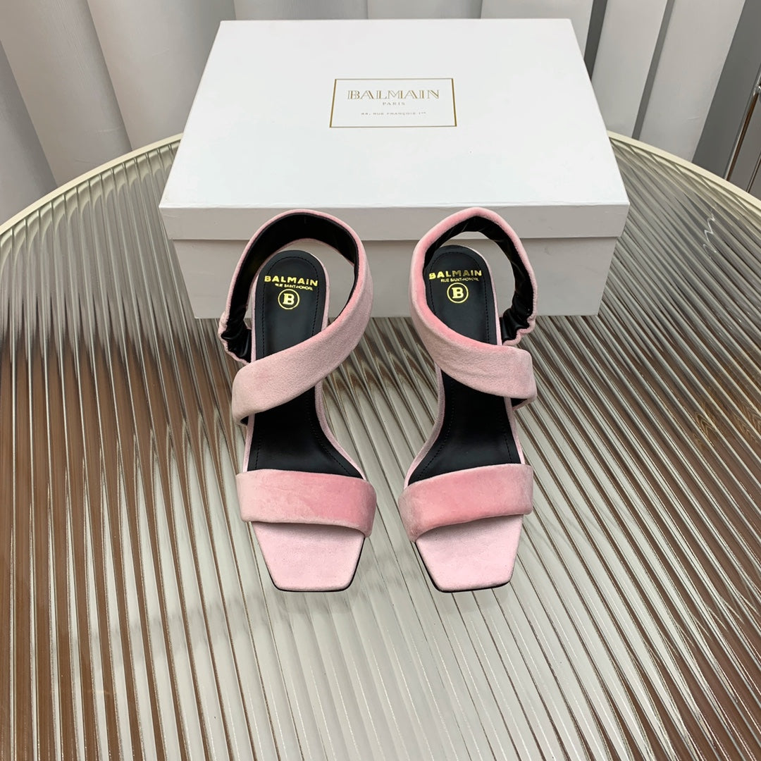 BALMAIN 25S MONETA HEELED SANDALS 95MM IN BABY PINK VELVET - 35