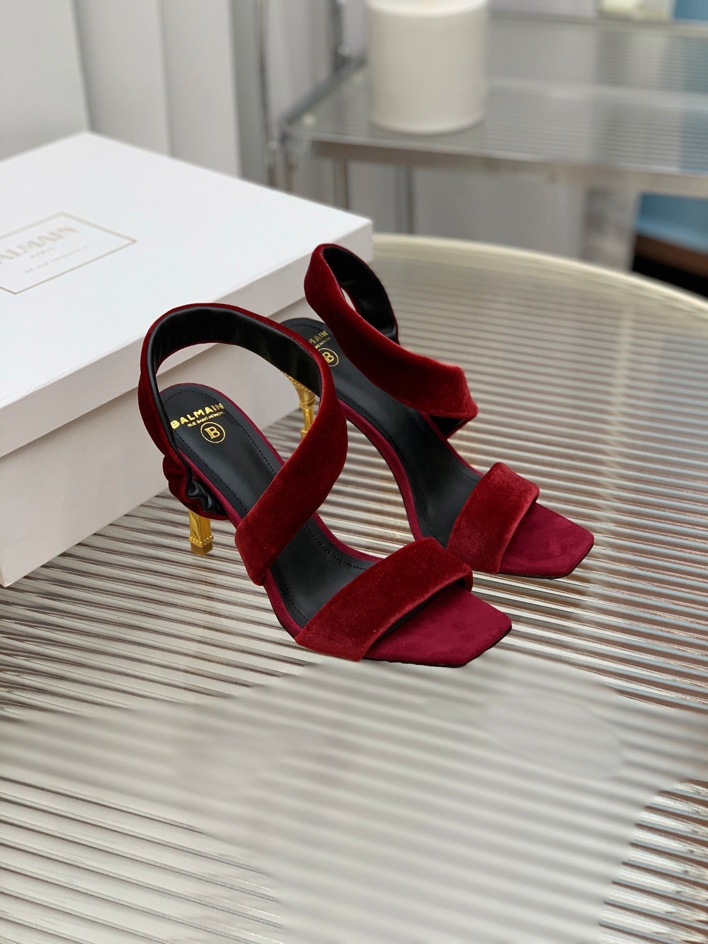 BALMAIN 25S MONETA HEELED SANDALS 95MM IN DARK CRIMSON VELVET - 35