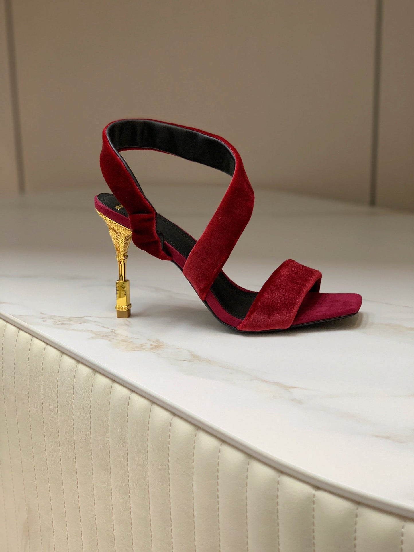 BALMAIN 25S MONETA HEELED SANDALS 95MM IN DARK CRIMSON VELVET - 35