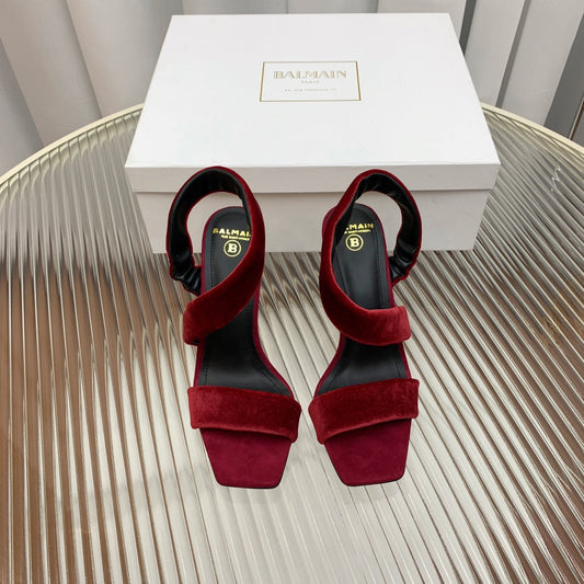 BALMAIN 25S MONETA HEELED SANDALS 95MM IN DARK CRIMSON VELVET - 35