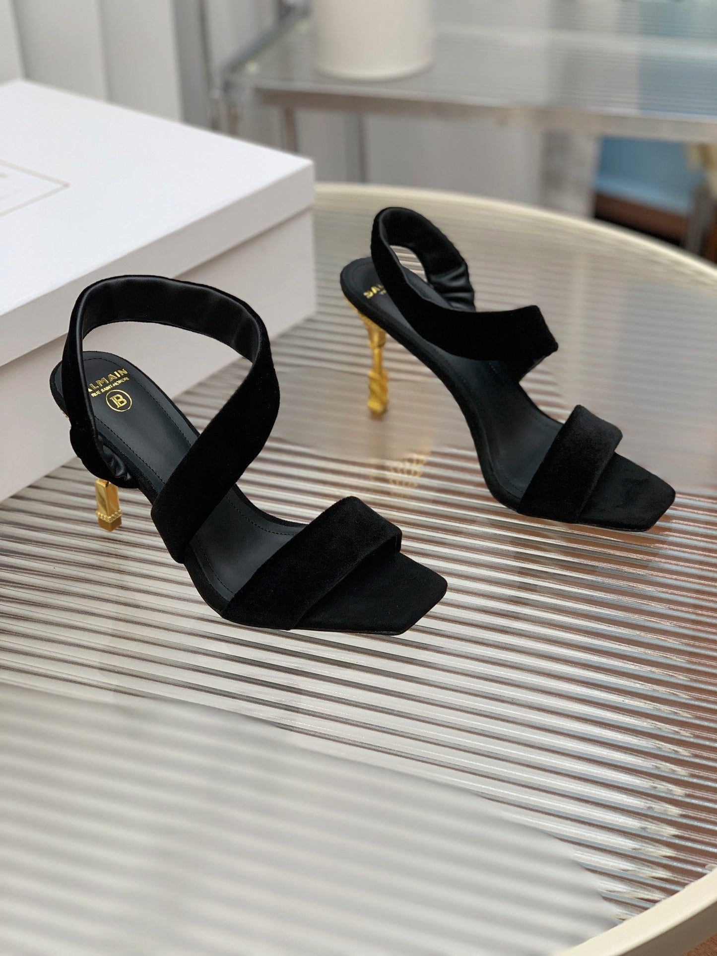 BALMAIN 25S MONETA HEELED SANDALS 95MM IN BLACK VELVET - 35