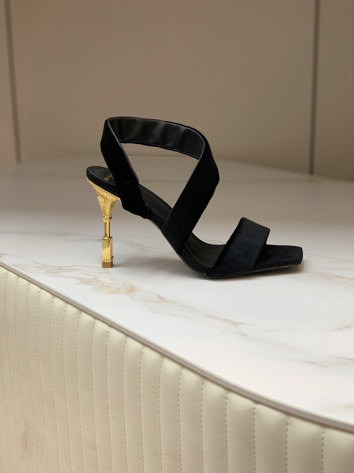 BALMAIN 25S MONETA HEELED SANDALS 95MM IN BLACK VELVET - 35