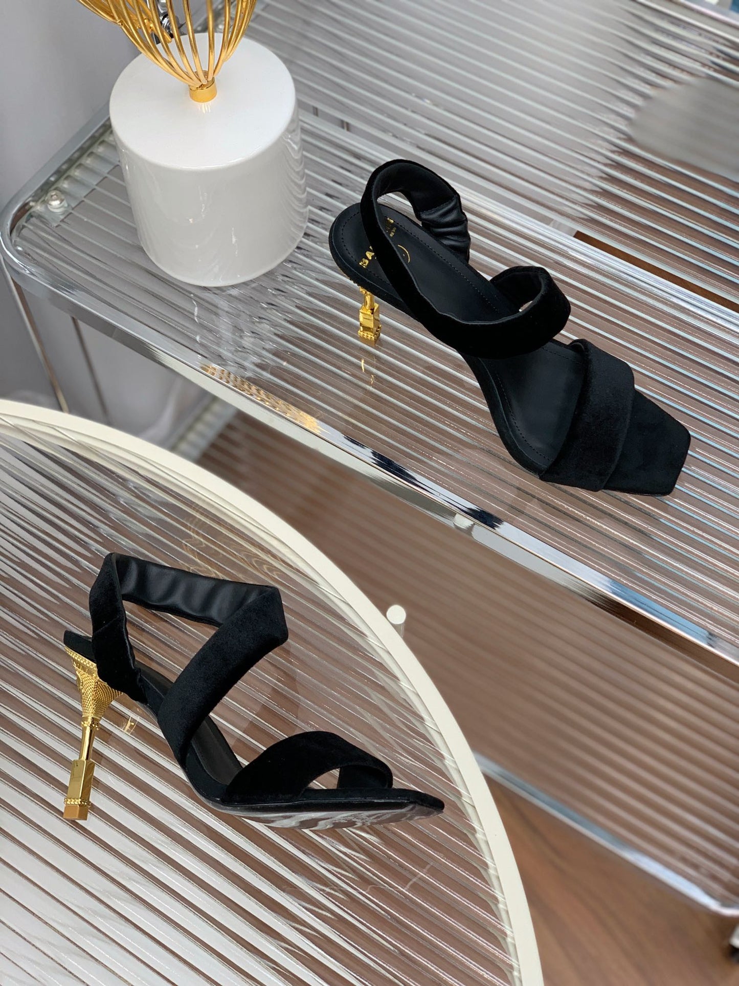 BALMAIN 25S MONETA HEELED SANDALS 95MM IN BLACK VELVET - 35