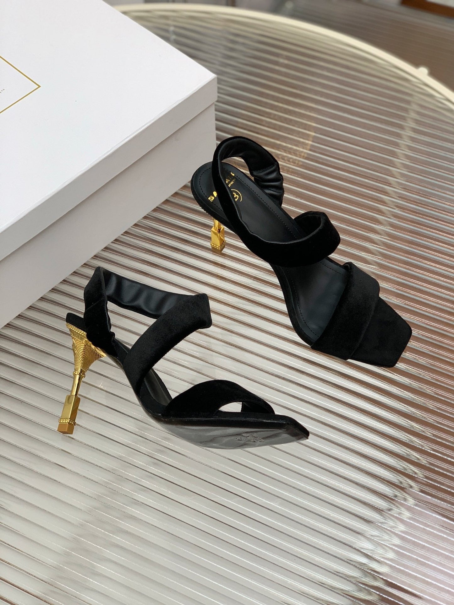 BALMAIN 25S MONETA HEELED SANDALS 95MM IN BLACK VELVET - 35