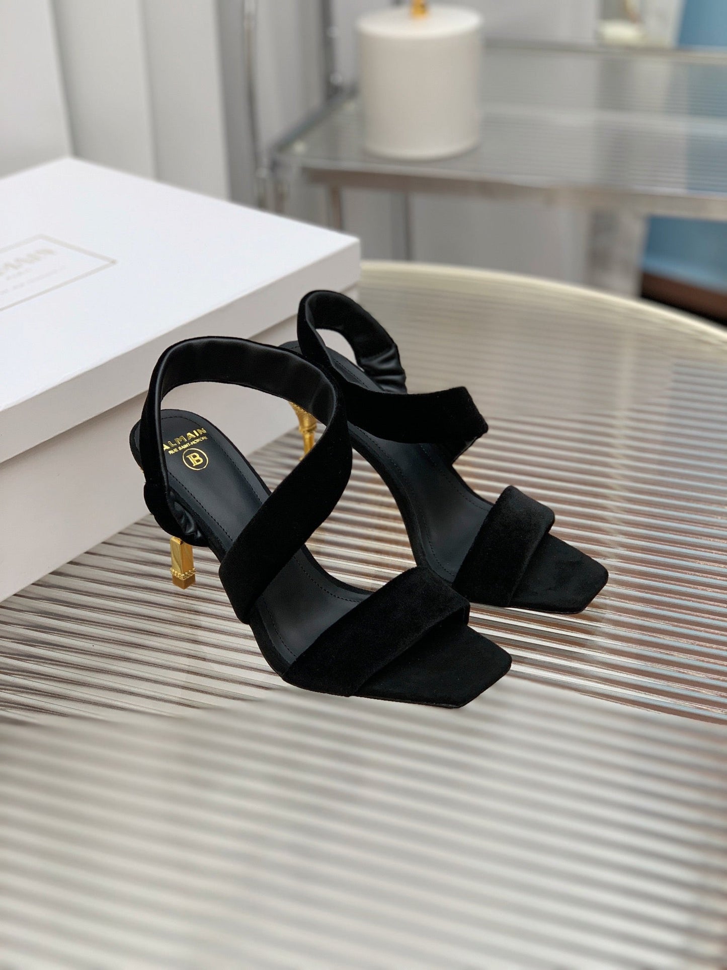 BALMAIN 25S MONETA HEELED SANDALS 95MM IN BLACK VELVET - 35