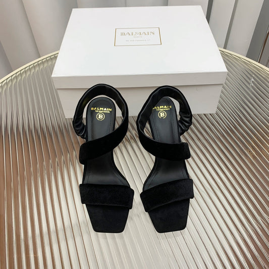 BALMAIN 25S MONETA HEELED SANDALS 95MM IN BLACK VELVET - 35
