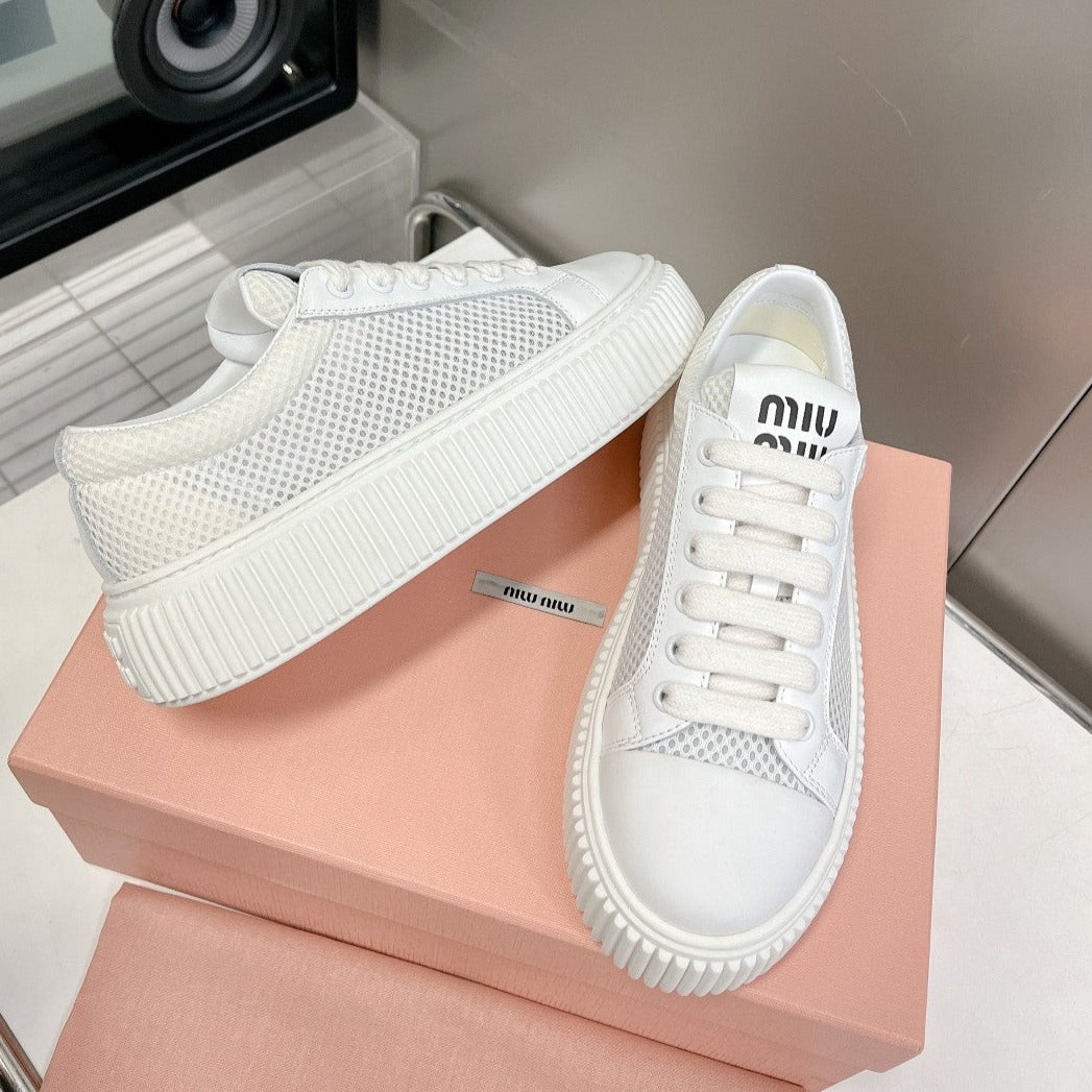 SNEAKERS THICK-SOLED LIGHT GRAY MESH COWHIDE - 35