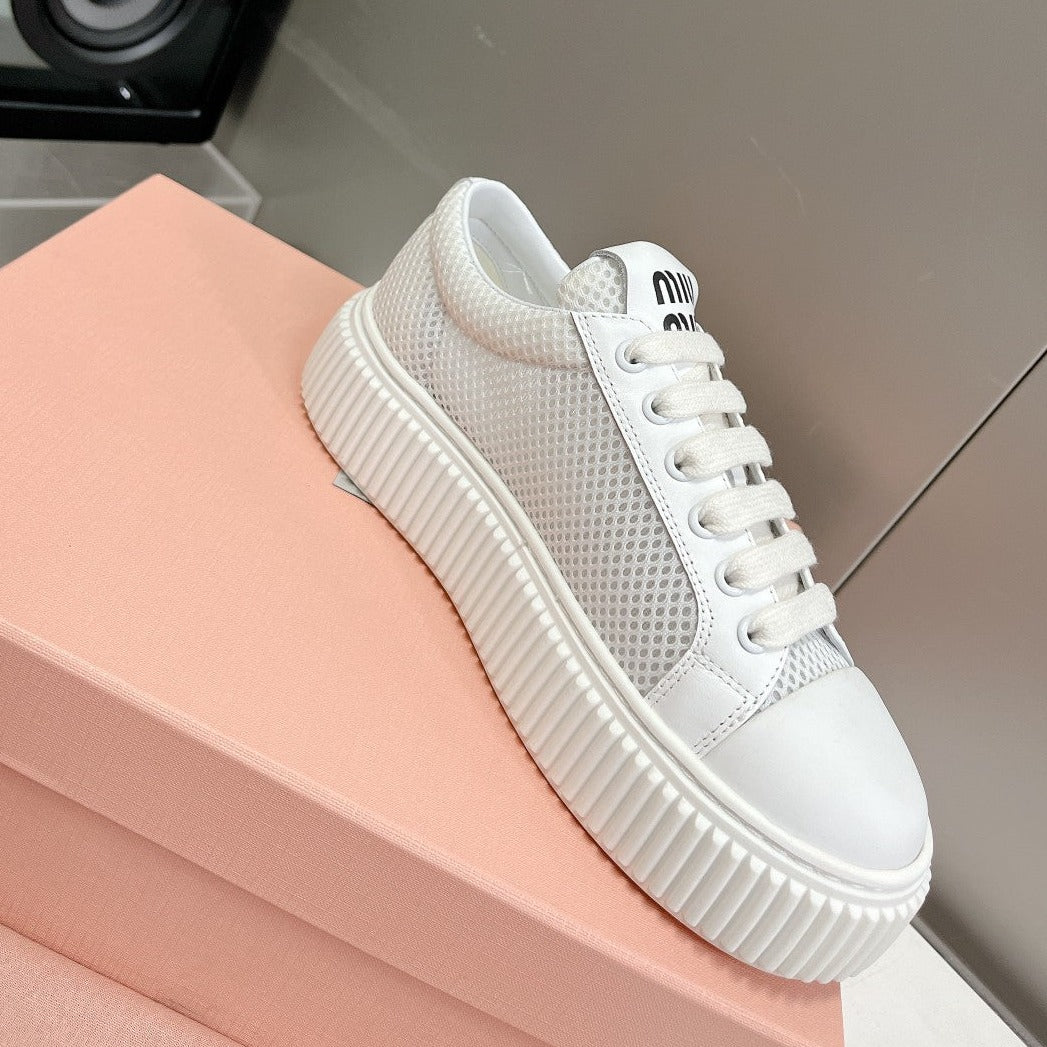 SNEAKERS THICK-SOLED LIGHT GRAY MESH COWHIDE - 35