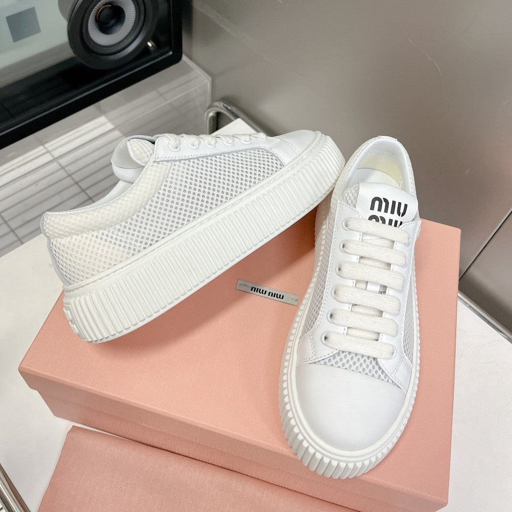 SNEAKERS THICK-SOLED LIGHT GRAY MESH COWHIDE - 35