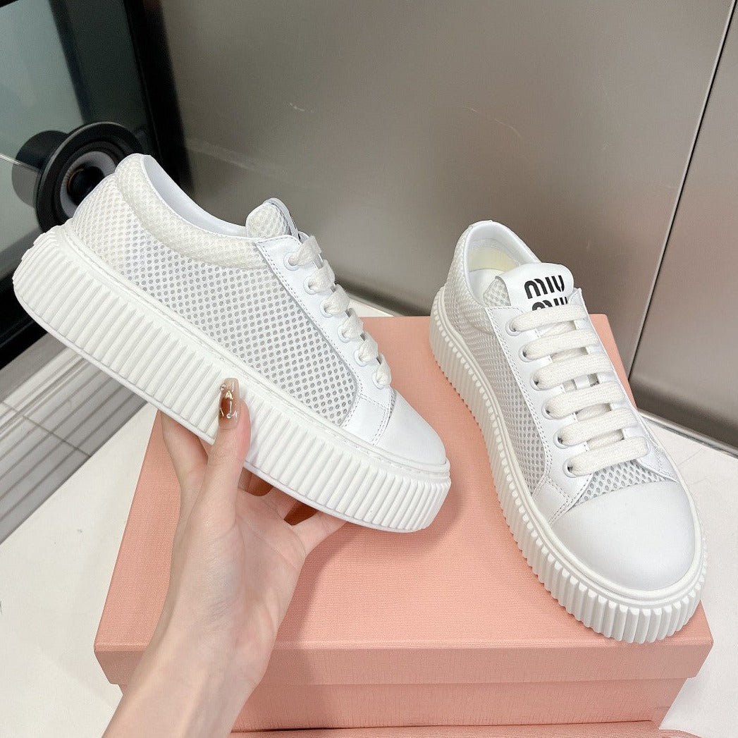 SNEAKERS THICK-SOLED LIGHT GRAY MESH COWHIDE - 35