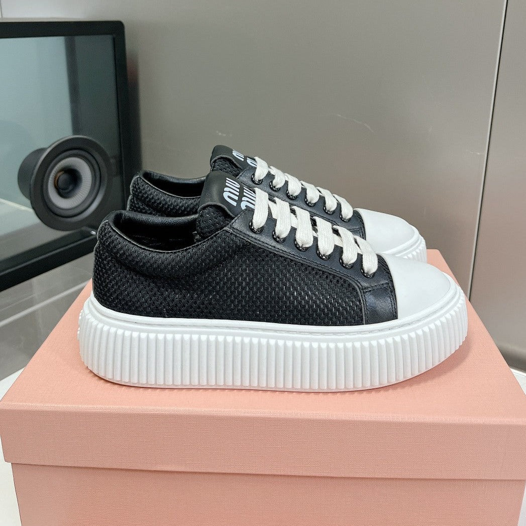 SNEAKERS THICK-SOLED BLACK MESH COWHIDE - 35
