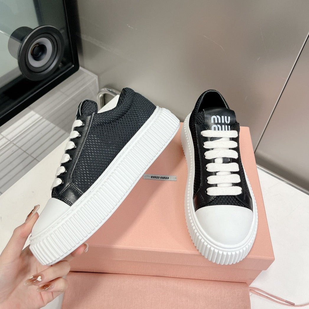 SNEAKERS THICK-SOLED BLACK MESH COWHIDE - 35