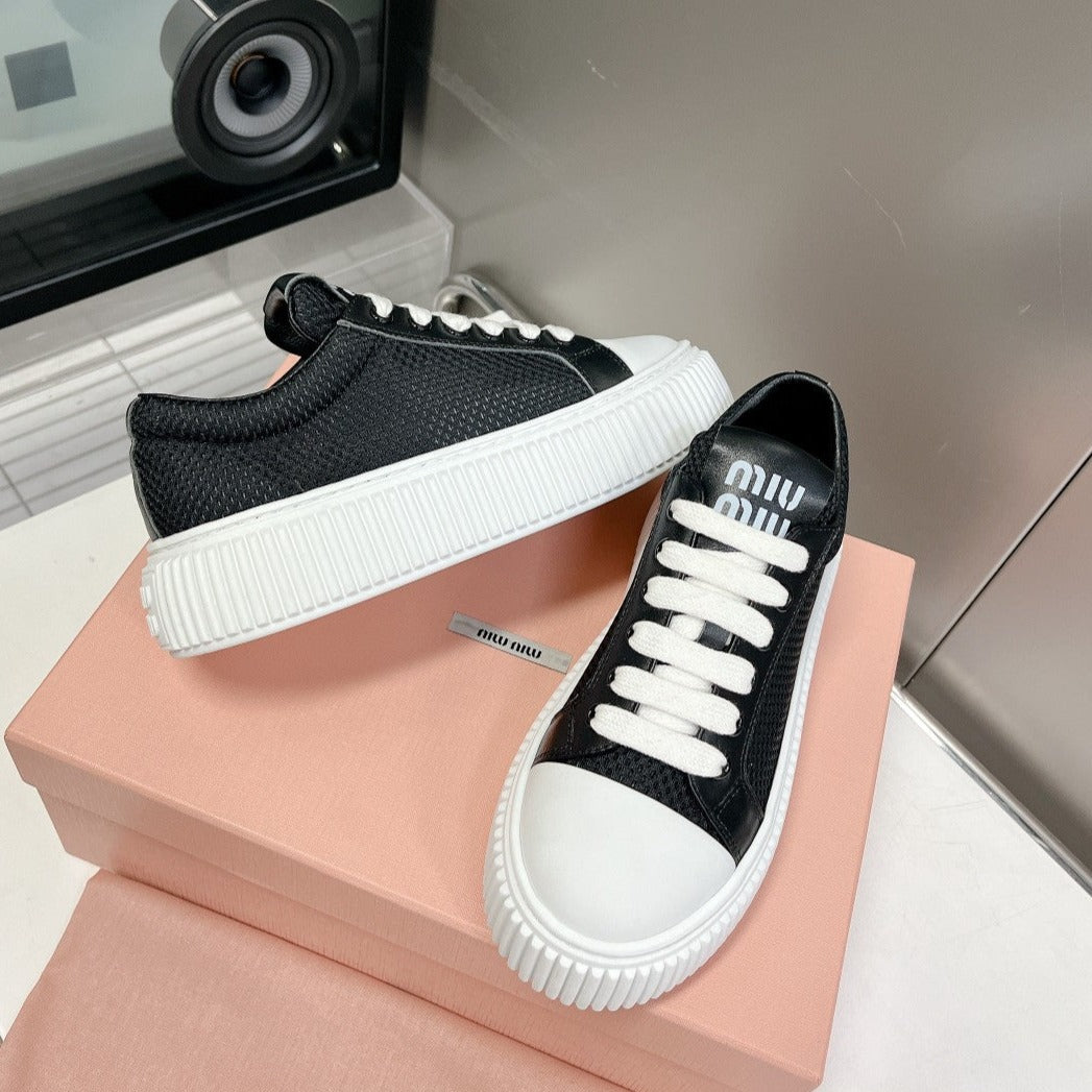 SNEAKERS THICK-SOLED BLACK MESH COWHIDE - 35