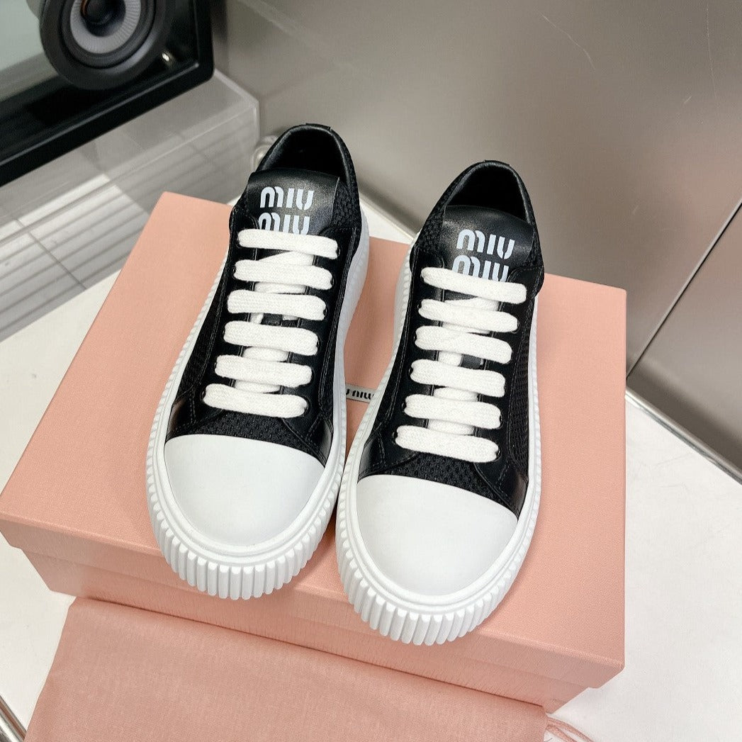 SNEAKERS THICK-SOLED BLACK MESH COWHIDE - 35