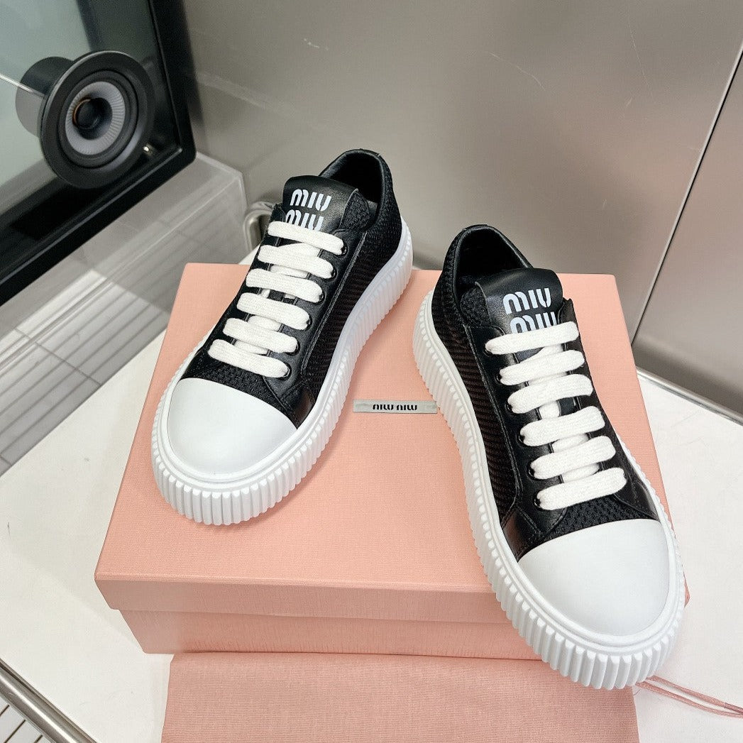 SNEAKERS THICK-SOLED BLACK MESH COWHIDE - 35