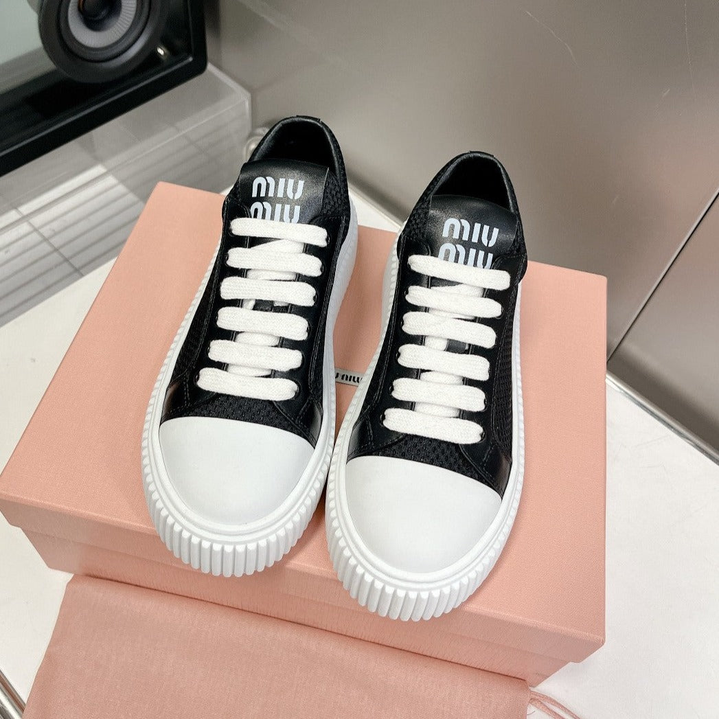 SNEAKERS THICK-SOLED BLACK MESH COWHIDE - 35
