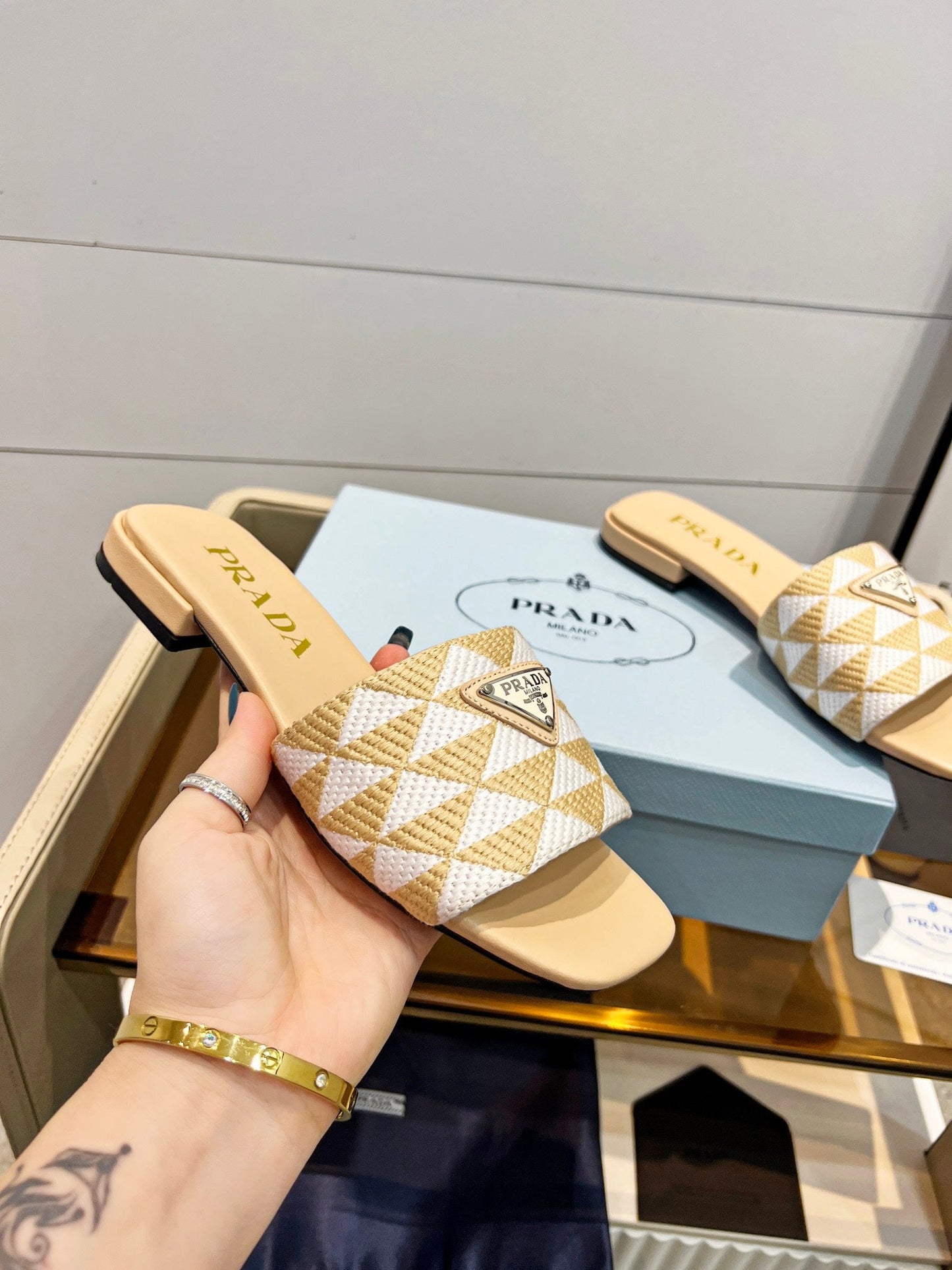 PRA EMBROIDERED SLIDES FLAT BEIGE FABRIC - 35