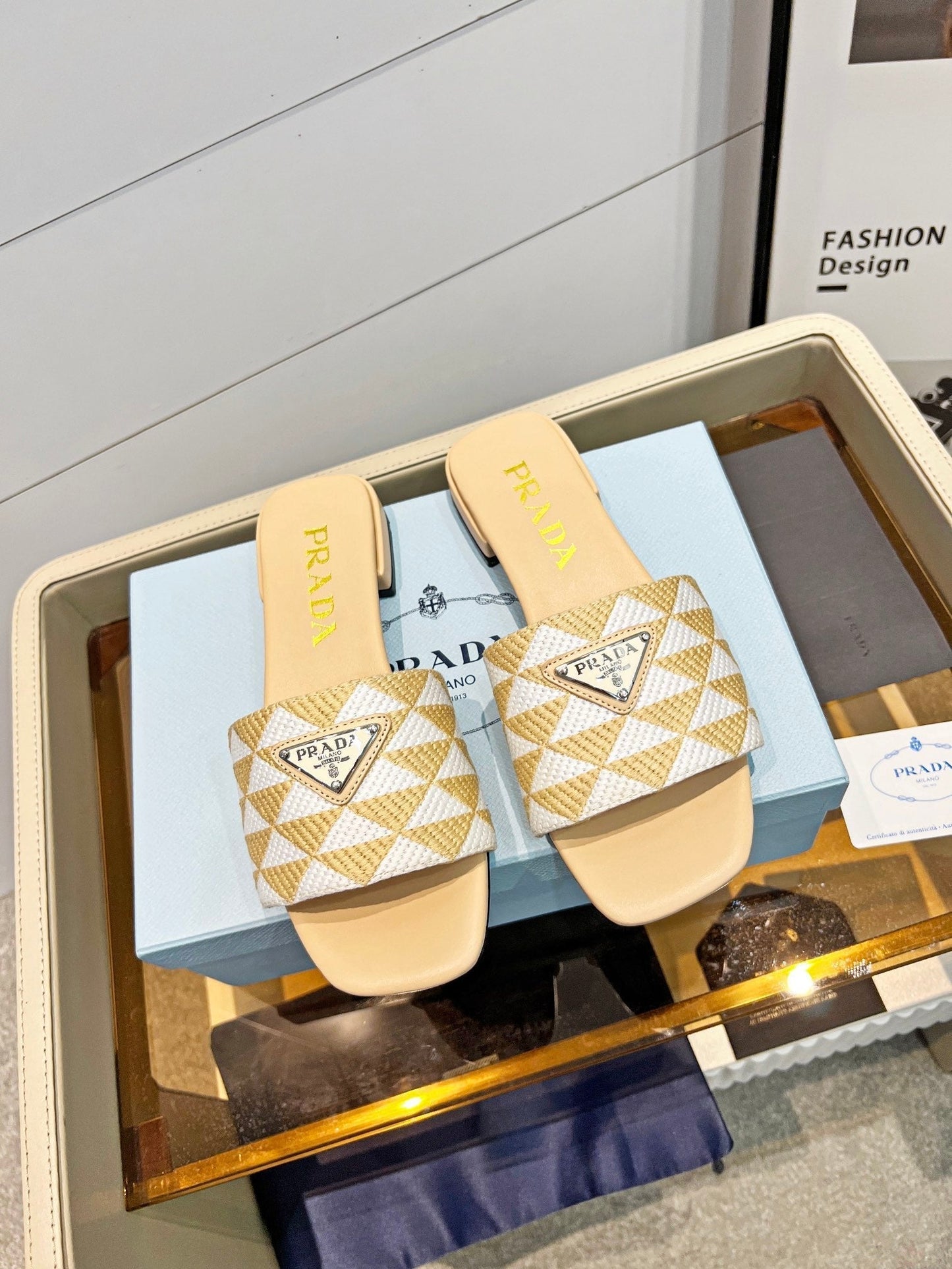 PRA EMBROIDERED SLIDES FLAT BEIGE FABRIC - 35