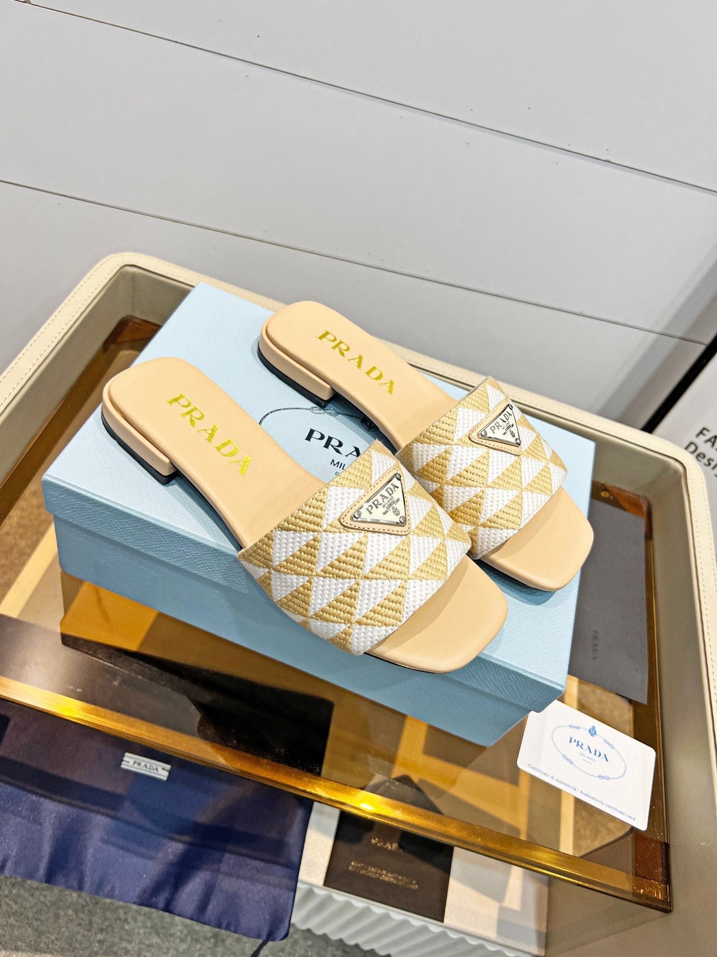 PRA EMBROIDERED SLIDES FLAT BEIGE FABRIC - 35