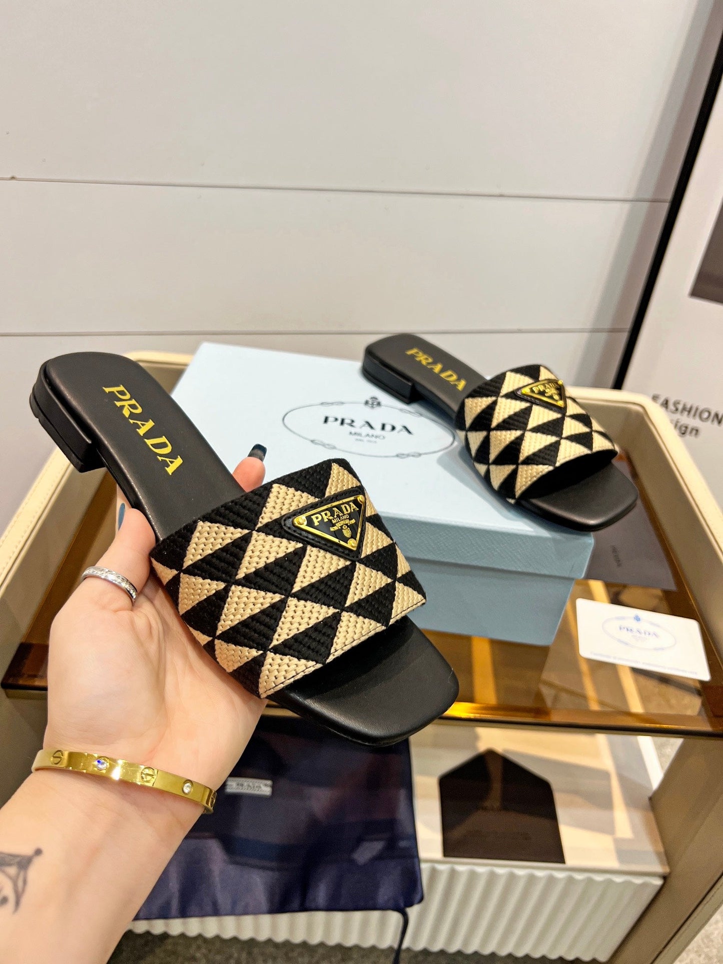 PRA EMBROIDERED SLIDES FLAT BLACK AND BEIGE FABRIC - 35
