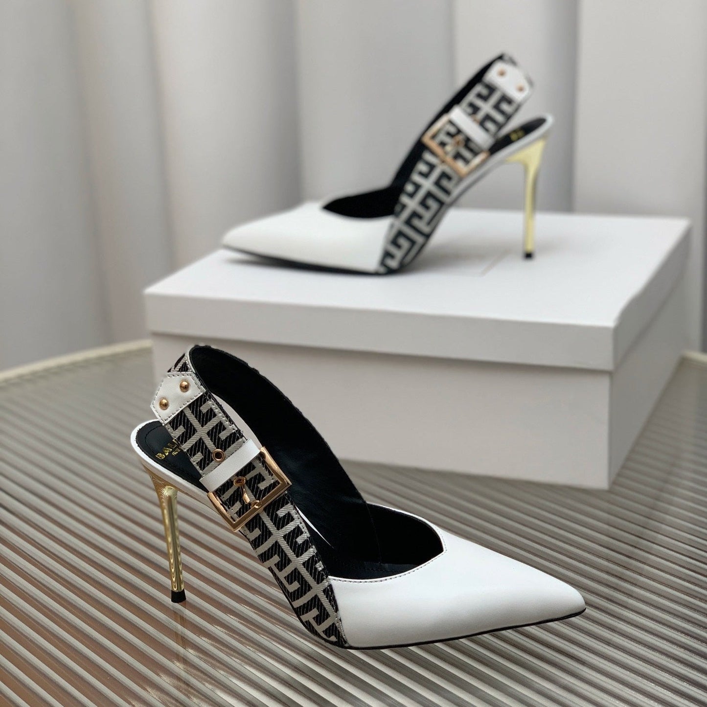 BALMAIN 25S SLINGBACK SHOES 95MM IN WHITE CALFSKIN - 35