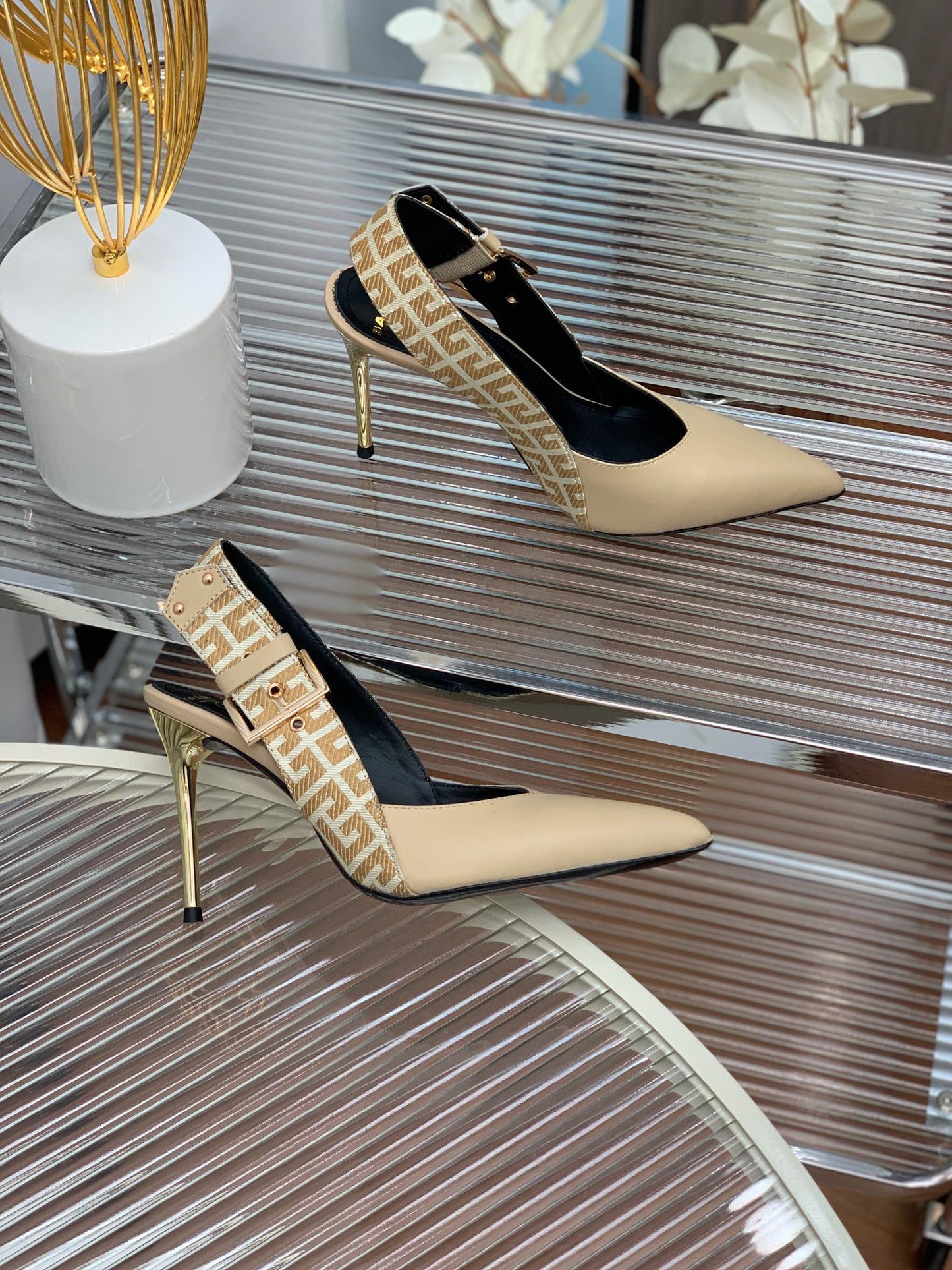 BALMAIN 25S SLINGBACK SHOES 95MM IN LIGHT BROWN CALFSKIN - 35