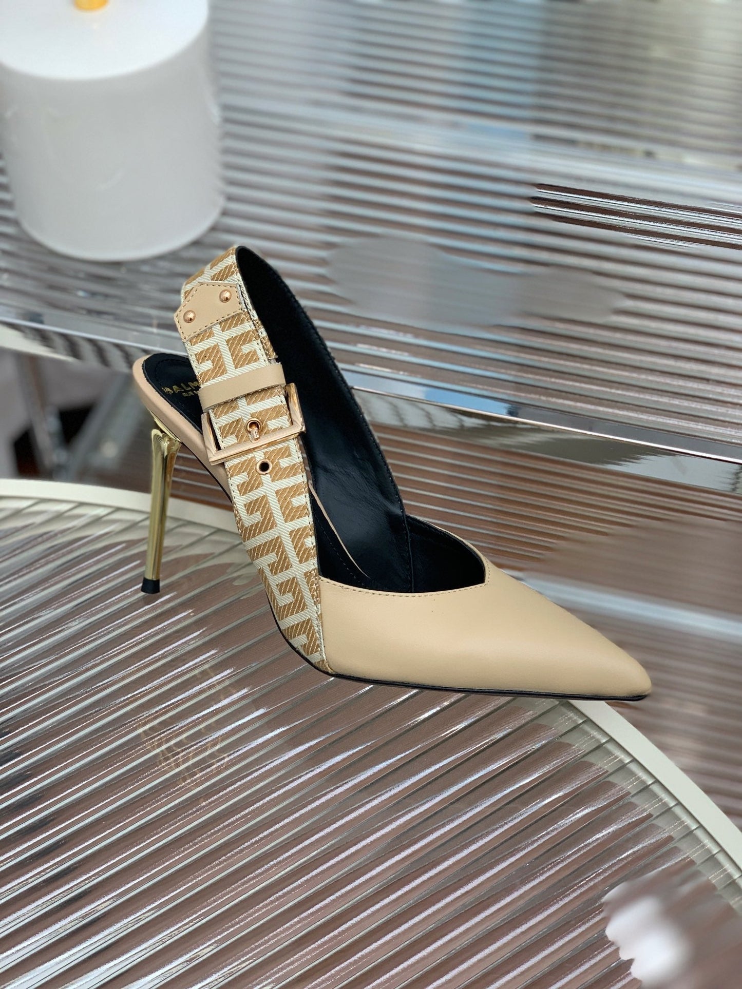 BALMAIN 25S SLINGBACK SHOES 95MM IN LIGHT BROWN CALFSKIN - 35