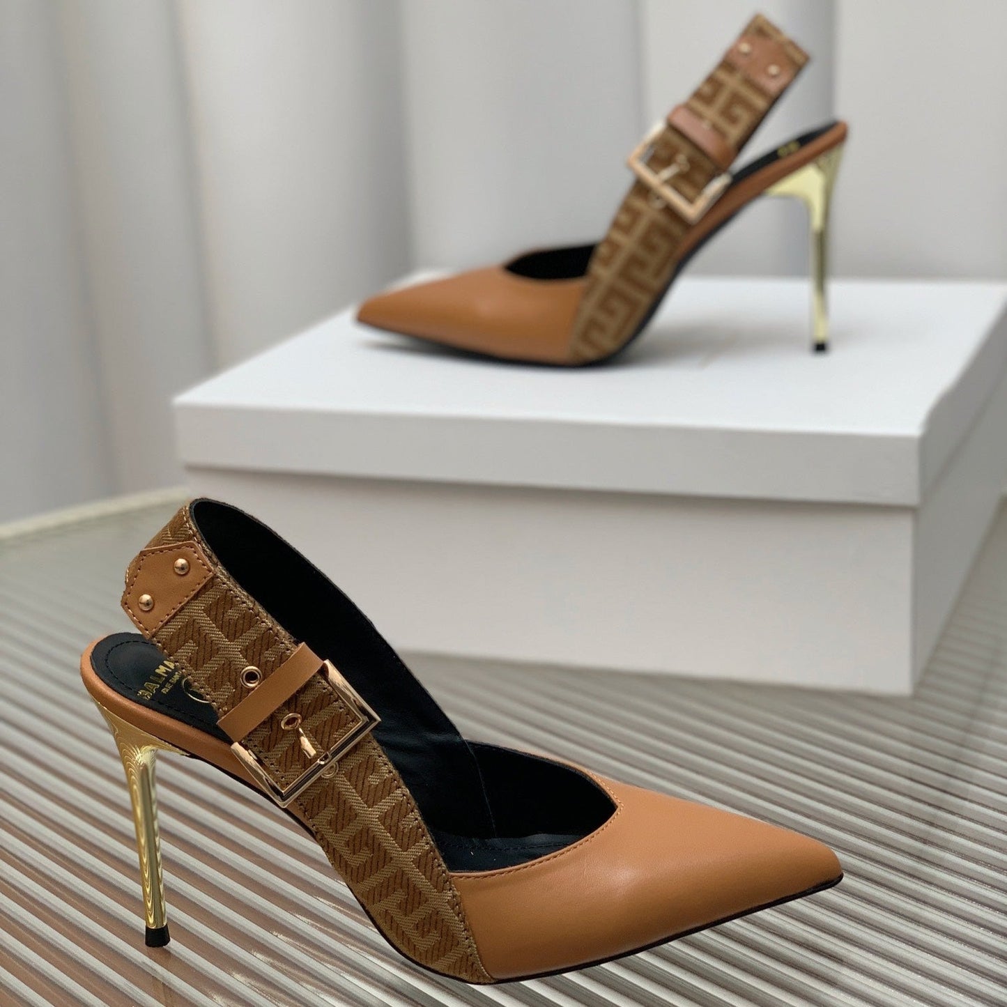 BALMAIN 25S SLINGBACK SHOES 95MM IN DARK BROWN CALFSKIN - 35