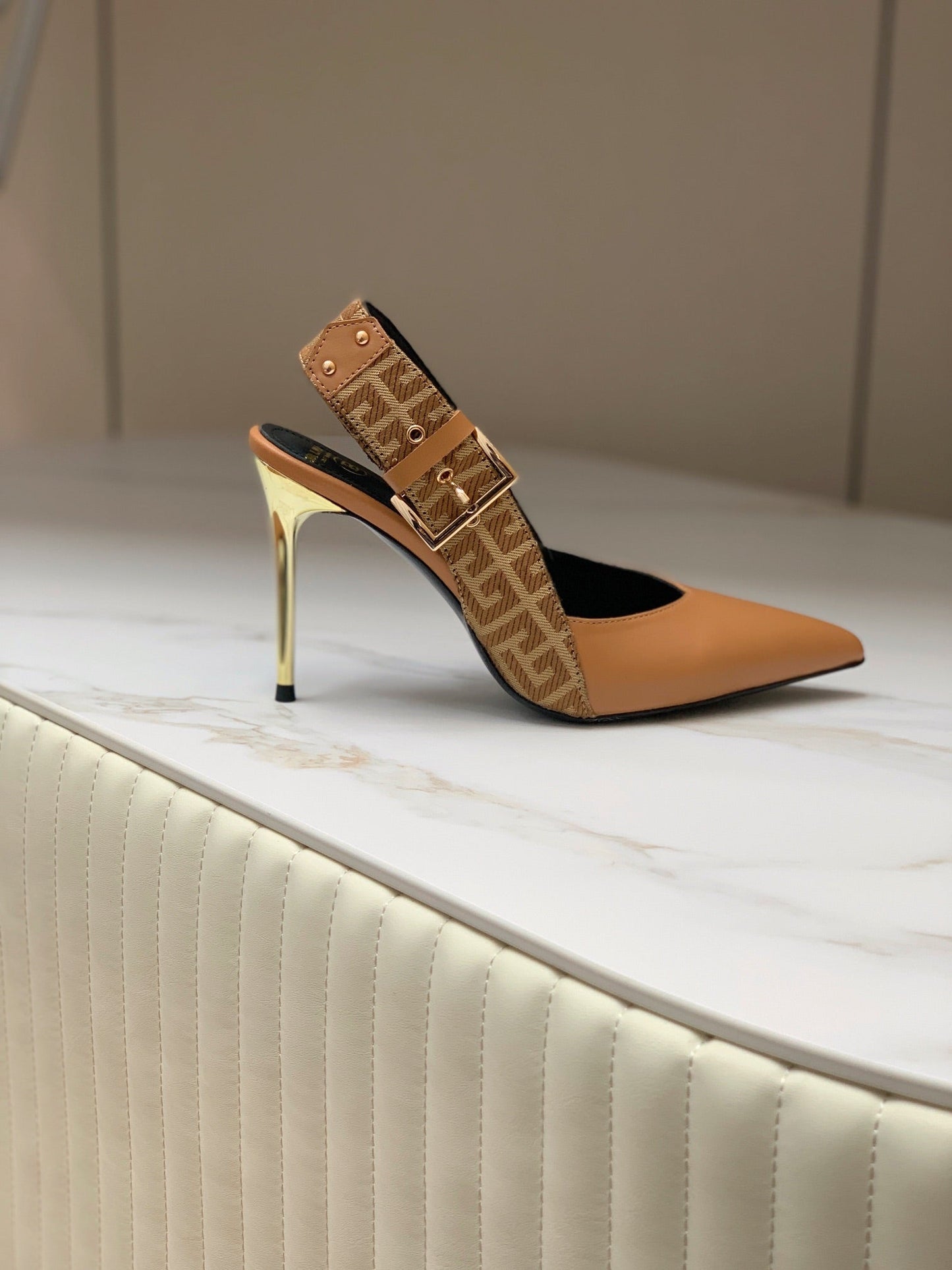 BALMAIN 25S SLINGBACK SHOES 95MM IN DARK BROWN CALFSKIN - 35