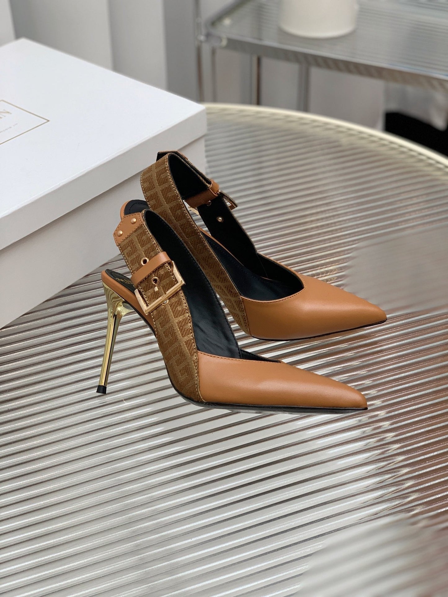 BALMAIN 25S SLINGBACK SHOES 95MM IN DARK BROWN CALFSKIN - 35