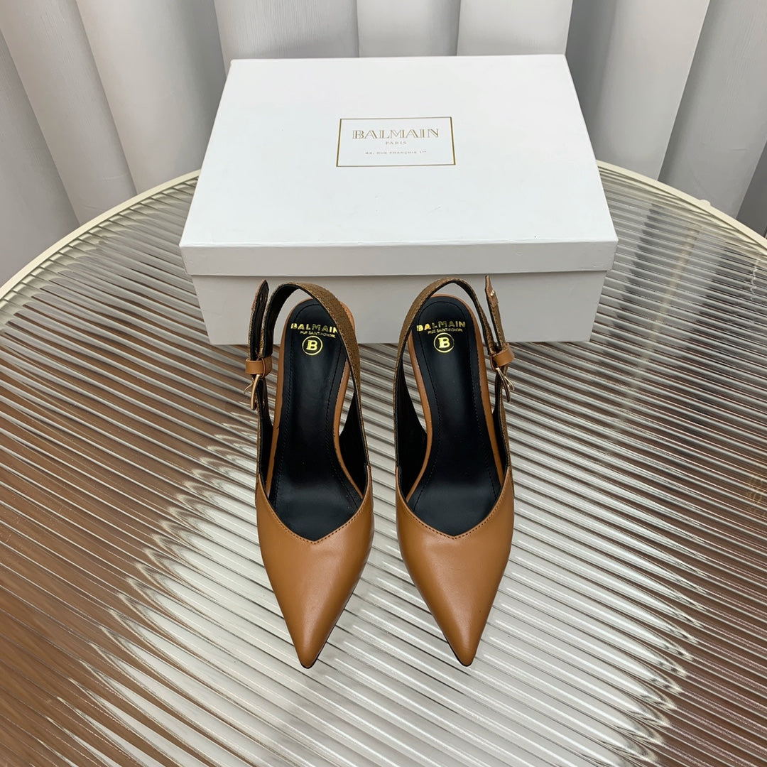 BALMAIN 25S SLINGBACK SHOES 95MM IN DARK BROWN CALFSKIN - 35