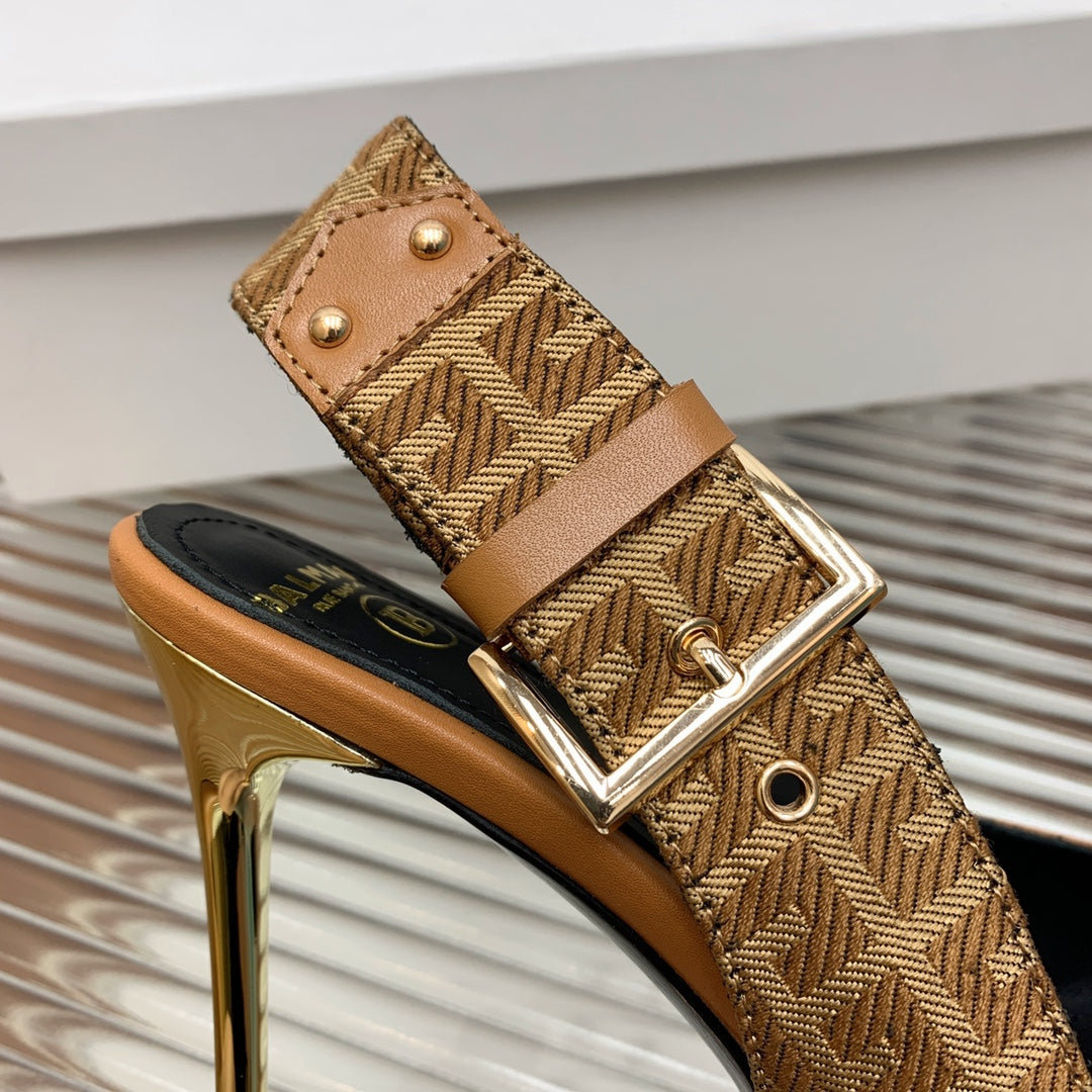 BALMAIN 25S SLINGBACK SHOES 95MM IN DARK BROWN CALFSKIN - 35