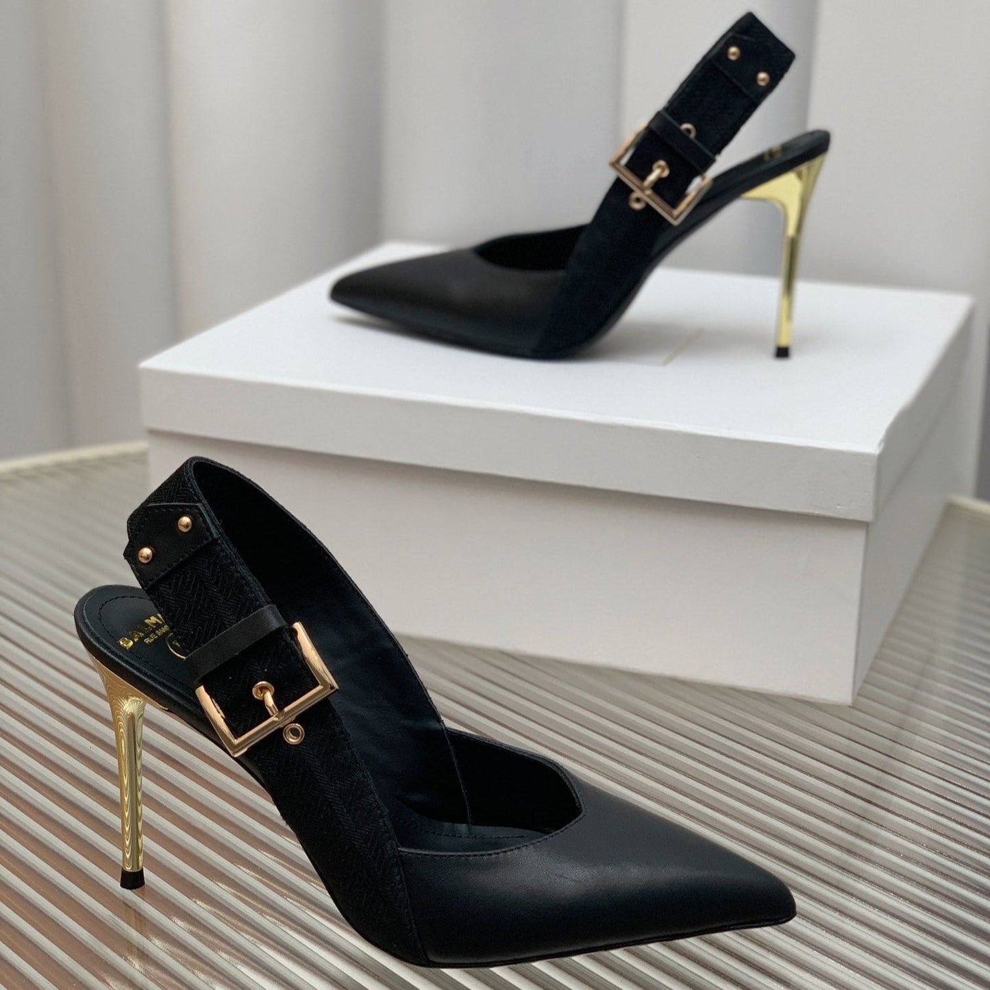BALMAIN 25S SLINGBACK SHOES 95MM IN BLACK FULL CALFSKIN - 35