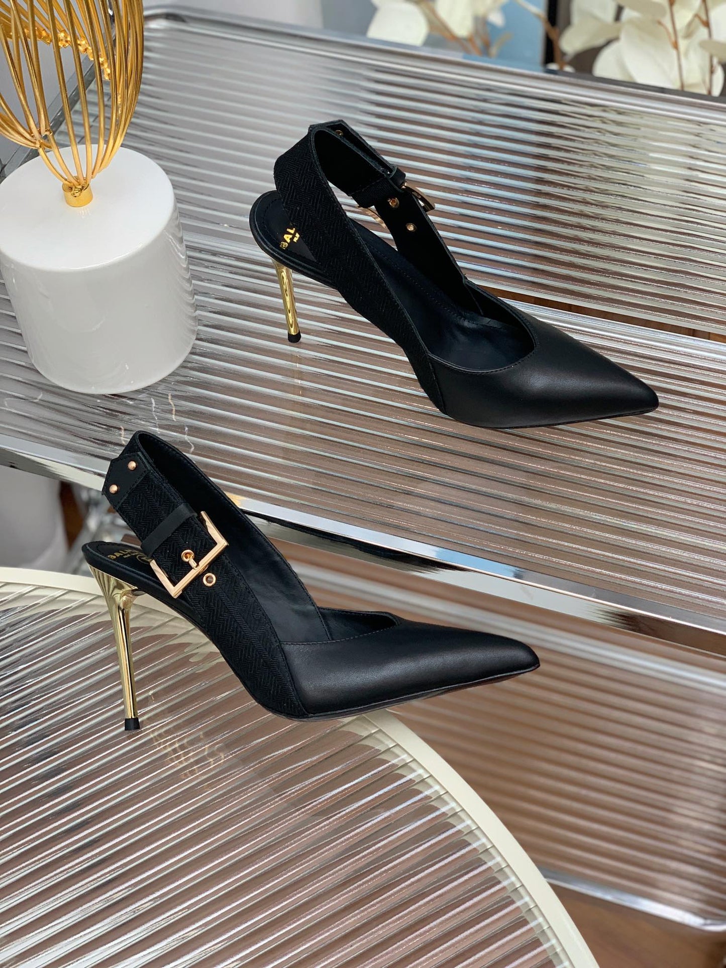 BALMAIN 25S SLINGBACK SHOES 95MM IN BLACK FULL CALFSKIN - 35