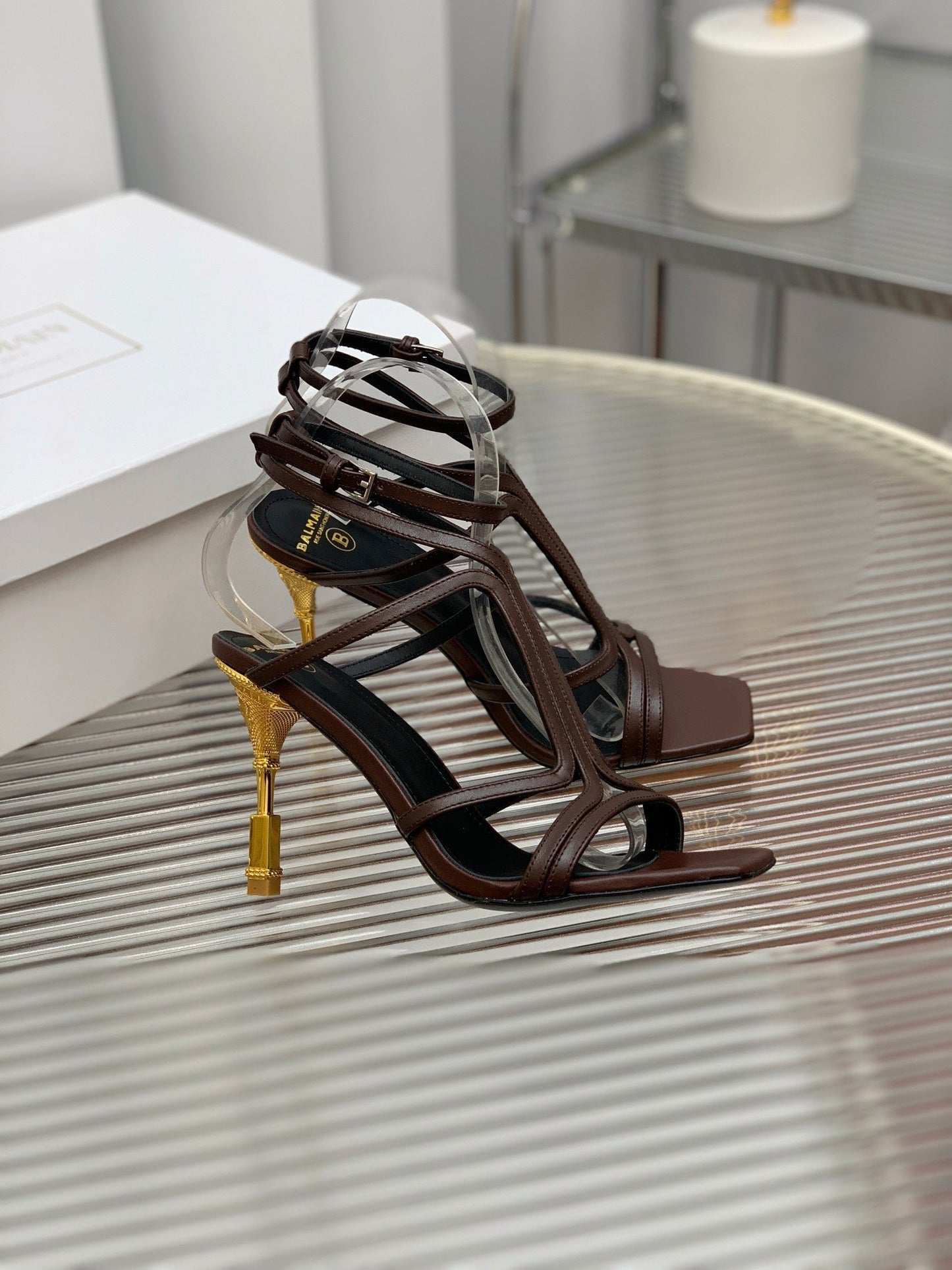 BALMAIN 25S MONETA SANDAL 95MM IN DARK BROWN CALFSKIN - 35