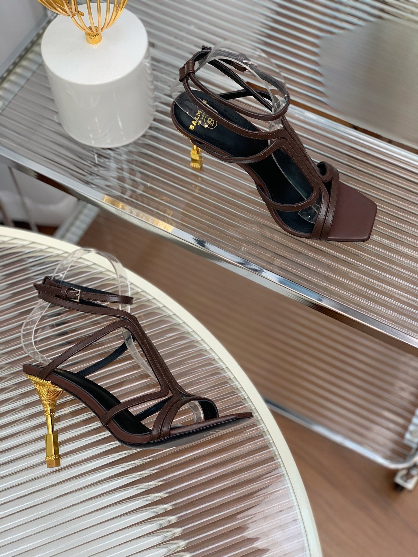 BALMAIN 25S MONETA SANDAL 95MM IN DARK BROWN CALFSKIN - 35
