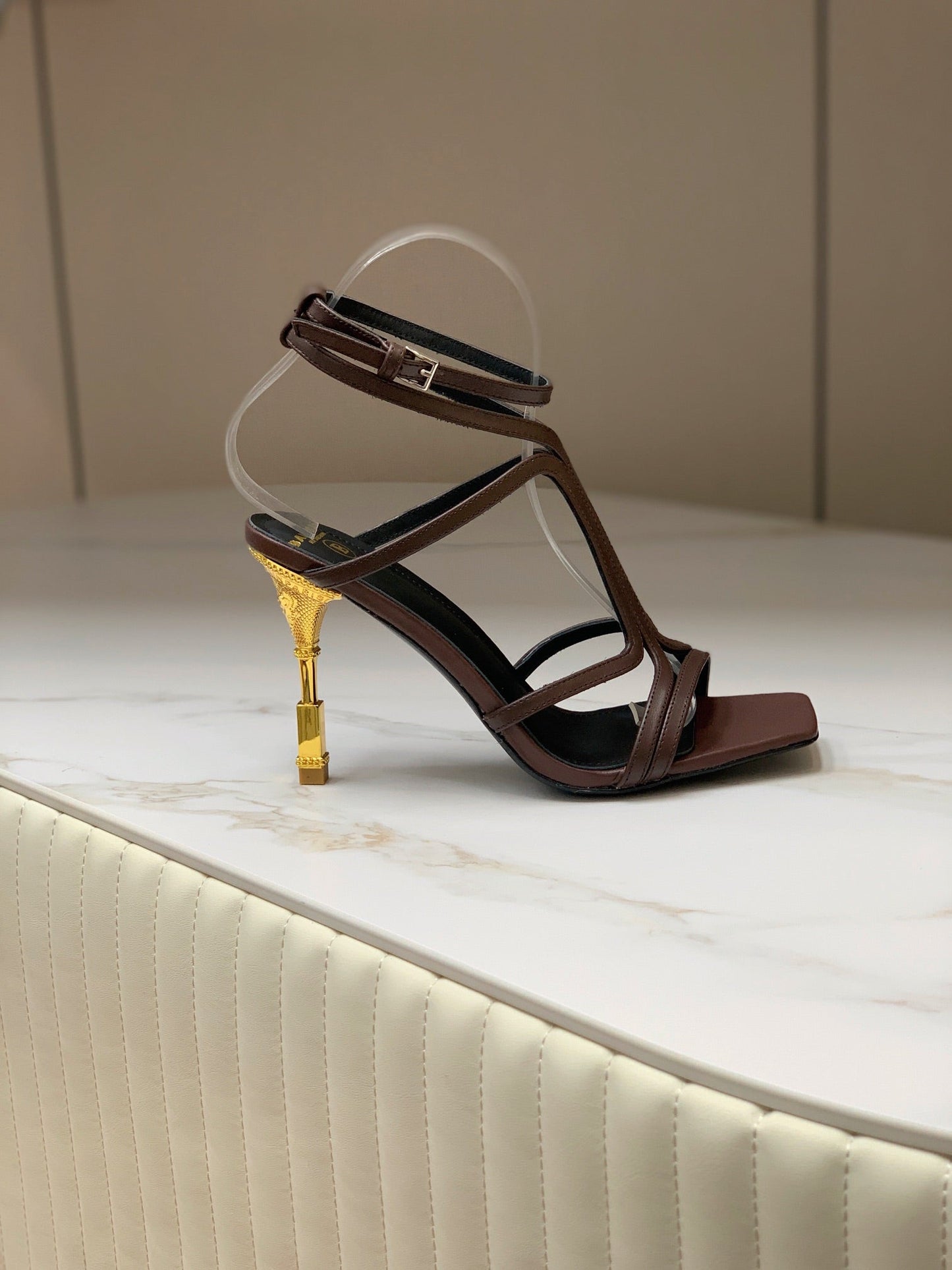 BALMAIN 25S MONETA SANDAL 95MM IN DARK BROWN CALFSKIN - 35