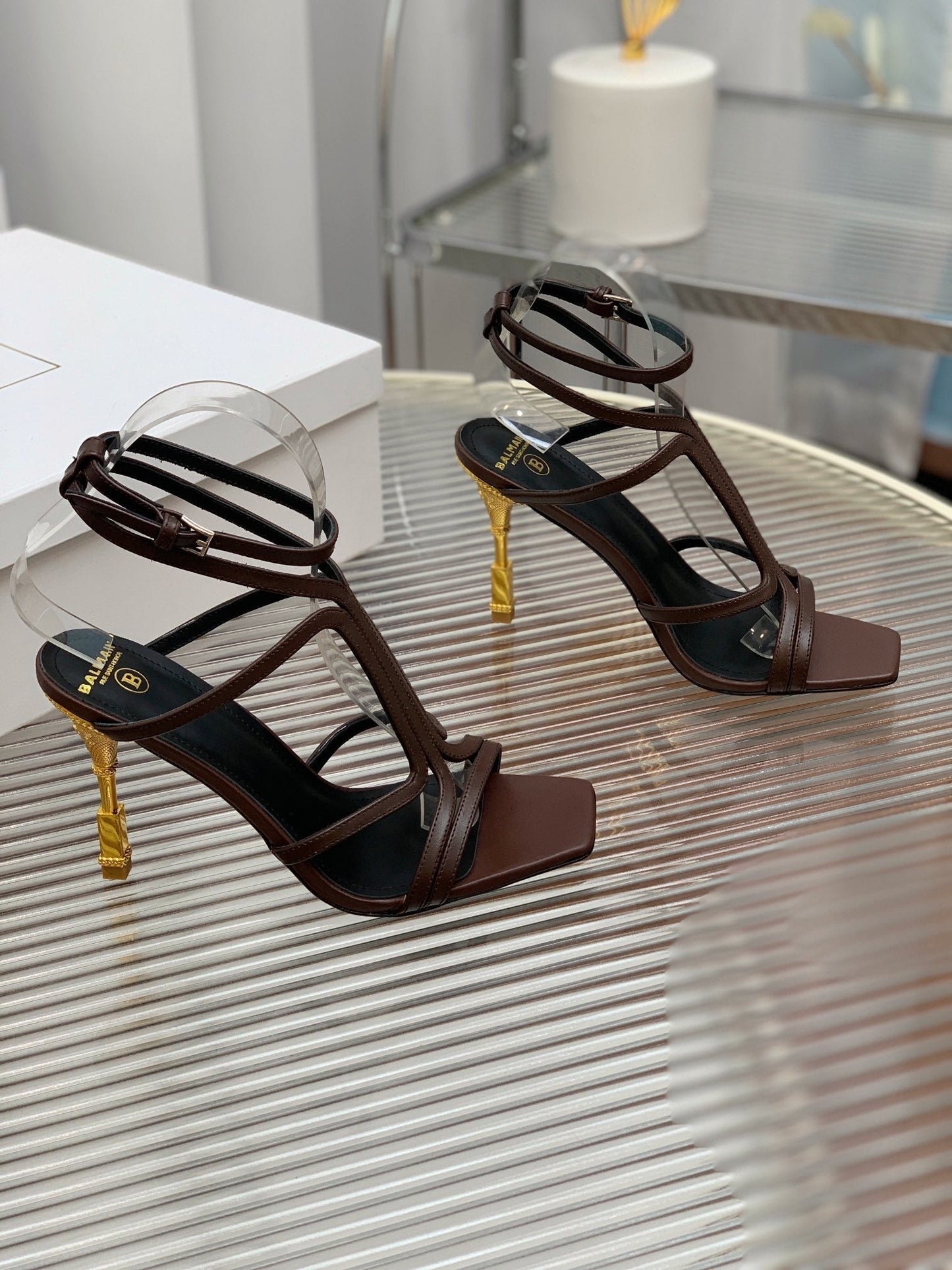 BALMAIN 25S MONETA SANDAL 95MM IN DARK BROWN CALFSKIN - 35