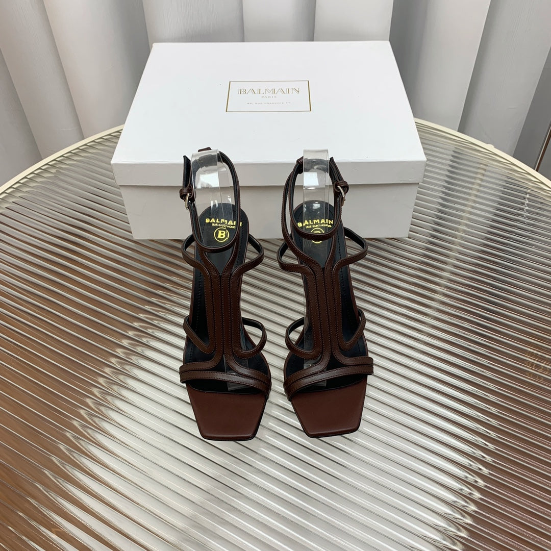 BALMAIN 25S MONETA SANDAL 95MM IN DARK BROWN CALFSKIN - 35